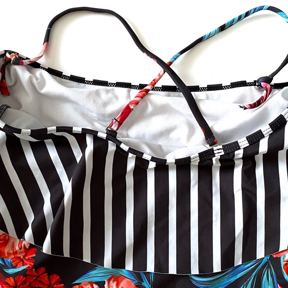 Tropical Swimwear One-Piece Swimsuit Floral Print Stripe Ruffle Top Bathing Suit - Picture 11 of 16